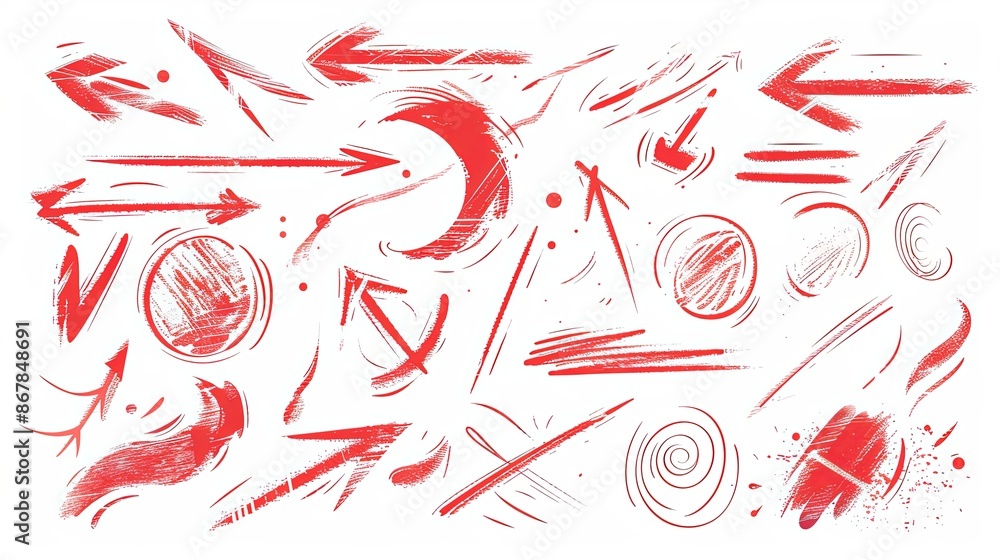 Poster a digital illustration of hand-drawn red arrows and shapes on a white background. generative ai