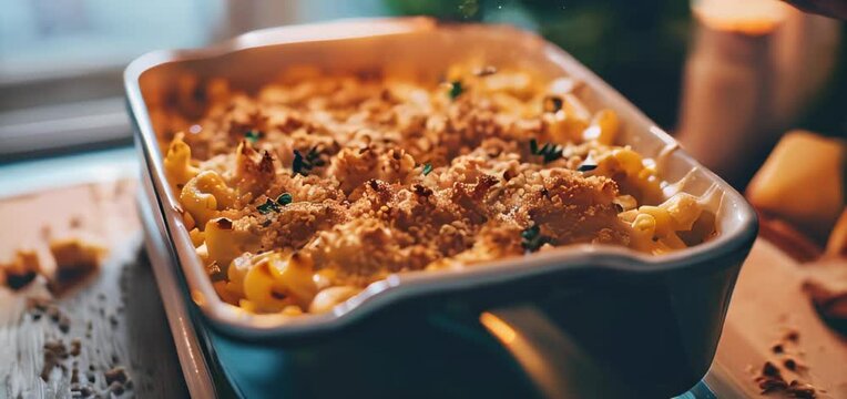 Delicious baked pasta casserole with golden breadcrumb topping in blue ceramic dish