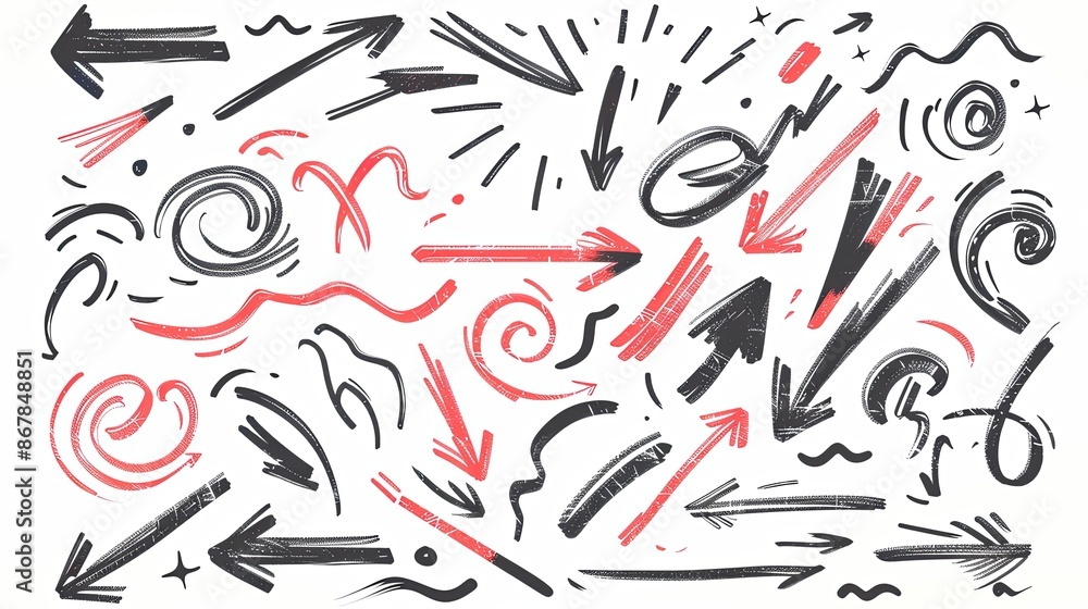 Poster hand-drawn black and red arrows and swirls on a white background. perfect for adding a unique touch 