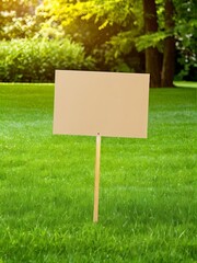 Mock up Blank signpost standing on vibrant green lawn amidst lush greenery and sunny background, outdoors.