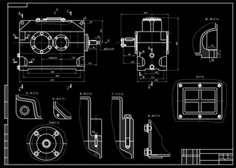 Assembly drawing of reducer.  Vector drawing of steel mechanical device with shaft, gear, 
electric engine, bolted connection and dimension lines. Engineering cad scheme. Technical template. 