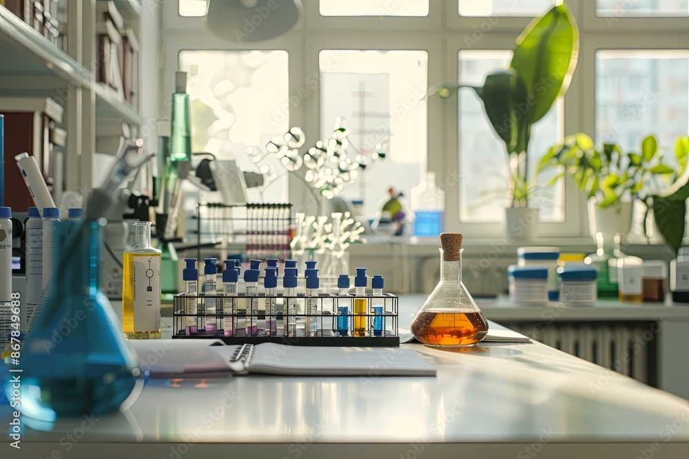 Poster a close-up view of a laboratory table with test tubes, a beaker, and other scientific equipment. gen