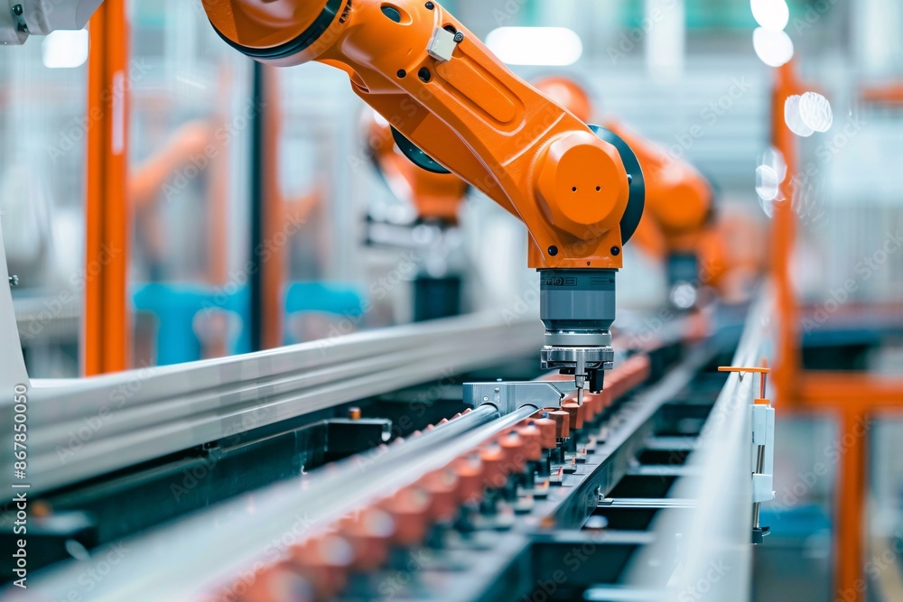 Poster this image shows a robotic arm in an automated manufacturing assembly line. precise machinery is des