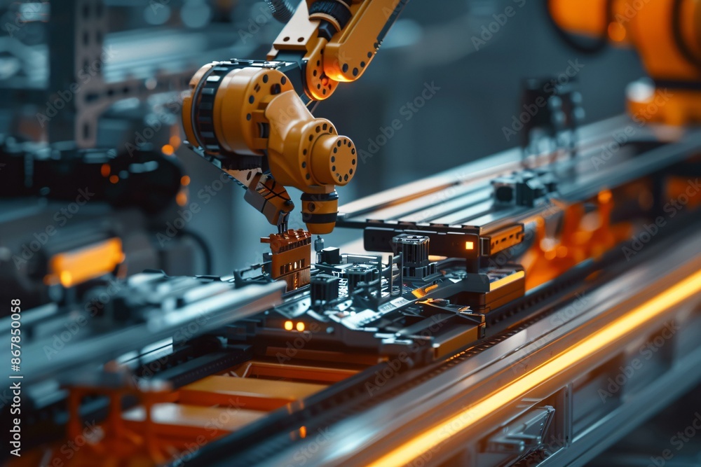 Poster a close-up view of an industrial robotic arm assembling electronic components on a circuit board, hi