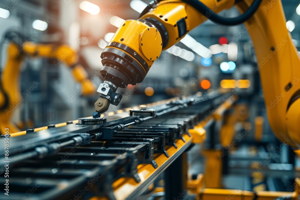 Poster a robotics arm working on an assembly line in an advanced manufacturing environment.