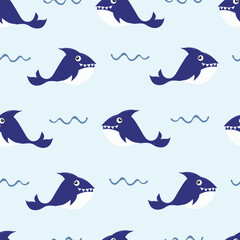 cute baby shark and little fish seamless pattern