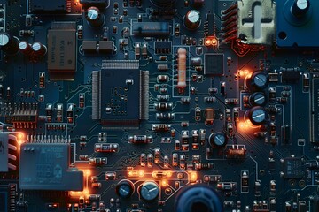 Fototapeta premium A close-up image of a detailed electronic circuit board with various components such as microchips, resistors, and capacitors, illuminated by small orange lights.