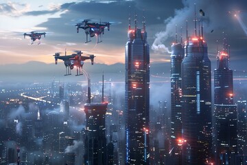 Fototapeta premium A breathtaking view of a futuristic city skyline featuring high-tech drones flying among tall, illuminated skyscrapers and a misty atmosphere against a dusky sky.