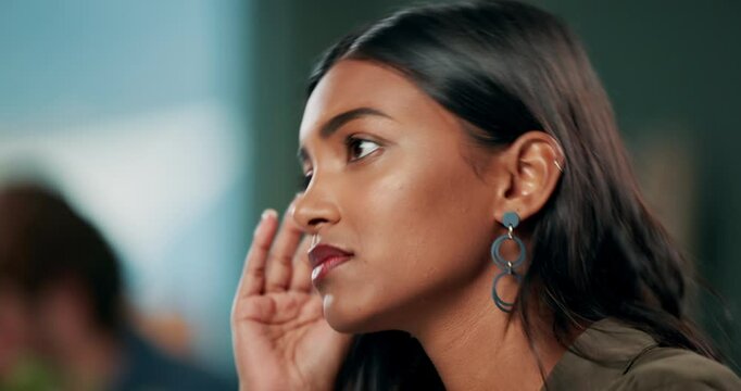 Frustrated woman, hands and nervous with headache in stress, anticipation or waiting under pressure at office. Closeup of female person feeling anxiety, worried or tense for results, news or feedback