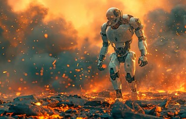 Walking on a blazing background of war and catastrophe is a military cyber robot.