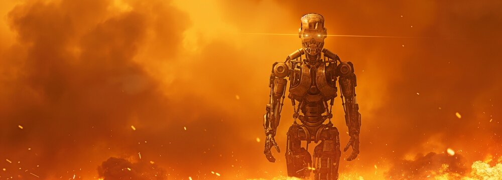 Walking on a blazing background of war and catastrophe is a military cyber robot.