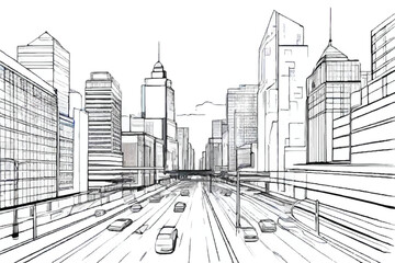 City line art. City graphic black white cityscape skyline sketch illustration vector.  Urban landscape in monochrome line art style. Cityscape line art illustration.