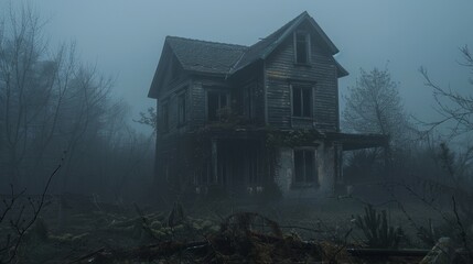 Abandoned house in a foggy forest, eerie and mysterious atmosphere, haunted house concept