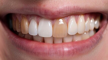 Fototapeta premium A close-up image of a persons teeth, highlighting one discolored tooth. Generative AI