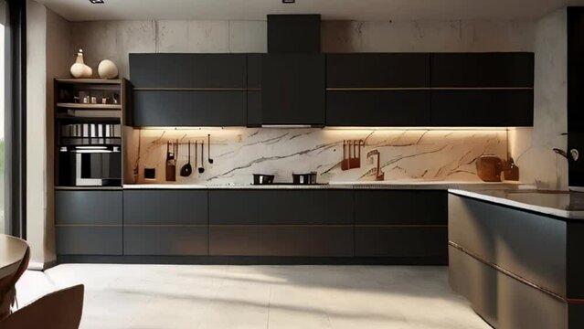 Modern Kitchen with Black Cabinets, Marble Backsplash, and Under-Cabinet Lighting