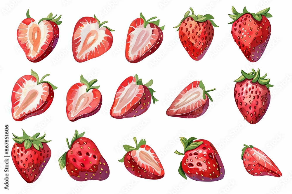 Poster a digital illustration of 18 strawberries, showing various angles and a mixture of whole and halved 
