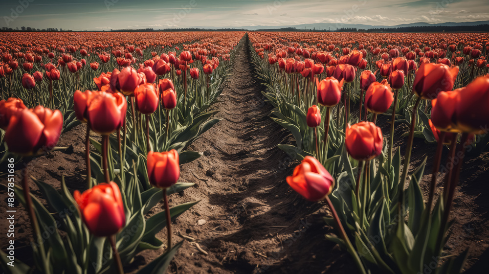 Poster a field of red tulips with a dirt path in the middle. the flowers are in full bloom and the path is 