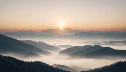 Obraz premium mountain layers and sunrise view in cold and foggy weather. 
