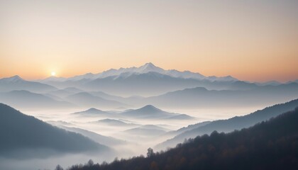mountain layers and sunrise view in cold and foggy weather.
