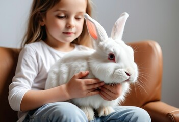 Obraz premium portrait of cute white rabbit on child's lap, isolated background 
