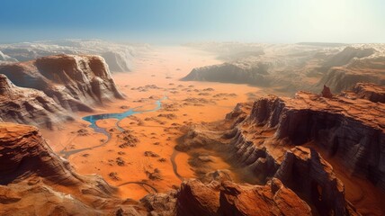 Image of close up of the surface of Mars with red, brown and orange texture with rugged rocks and...