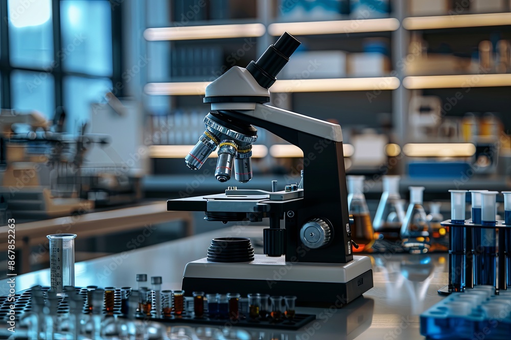Poster a modern microscope is positioned on a lab bench, surrounded by beakers, test tubes, and other equip