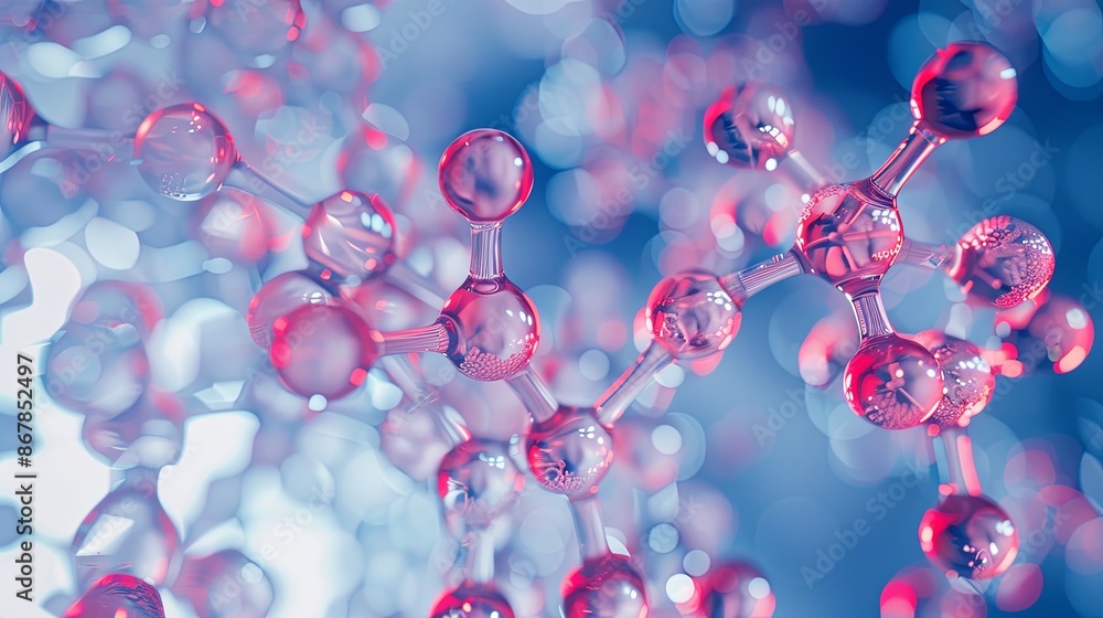 Leinwandbilder a close-up photograph of a molecular model, illuminated with pink and blue lighting, creating a vibr
