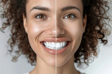 Close-up photo of woman with curly brown hair smiling. Half of her face has natural teeth, other half has noticeably whiter teeth, likely from whitening. Generative AI