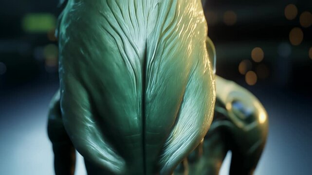 An alien creature with green skin and an unusual head shape. Concept: fantasy, extraterrestrial life, aliens, science fiction.