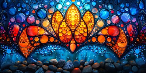 Stained glass window with intricate designs and bright colors
