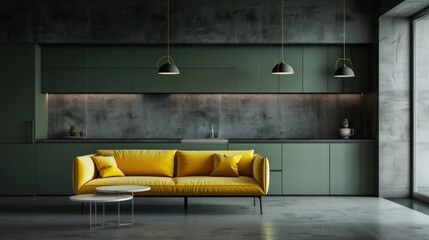 Dark green kitchen and gray living room minimalist interior design.