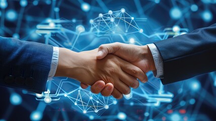Stylized image of two individuals shaking hands, overlaid with digital coding patterns and vibrant light. AIG62