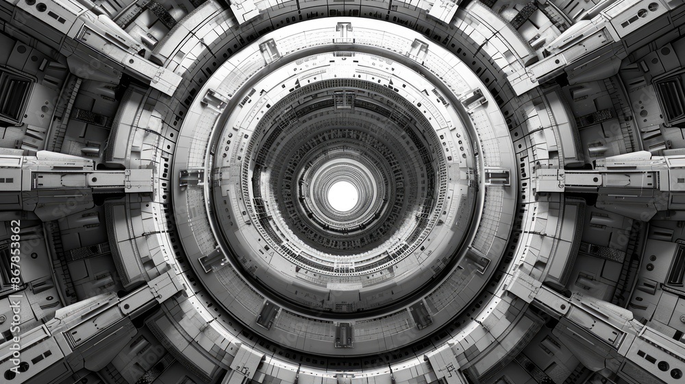 Poster black and white abstract image of a large, round, futuristic structure with a glowing light in the c