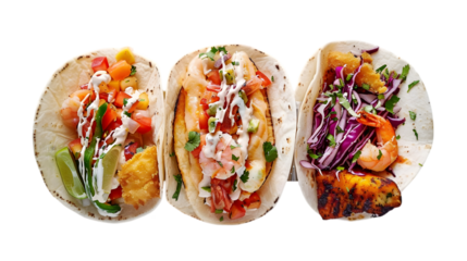  Three types of fish tacos, including grilled fish, battered fish, and shrimp tacos, placed side-by-side on a pristine white surface