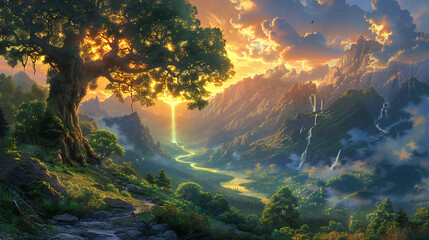 Creation. Genesis. God planted a garden in a place called Eden. Verdant and serene garden, dominated by a large tree, with waterfalls and a winding river creating a peaceful atmosphere. 