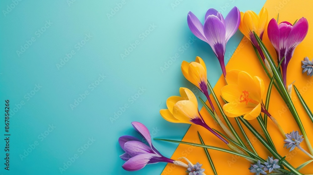 Poster frame of spring crocus flowers on colorful background flat lay with text space