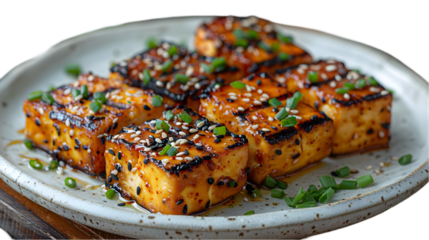  Tofu bulgogi cubes perfectly grilled and glistening, presented on a transparent background 