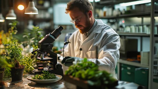 A scientist in a laboratory conducts research on hemp and marijuana using a microscope. Concept: scientific research, medicine, botany and biotechnology.