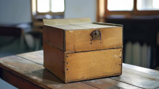Wooden box with hinged lid and latch on table inside room