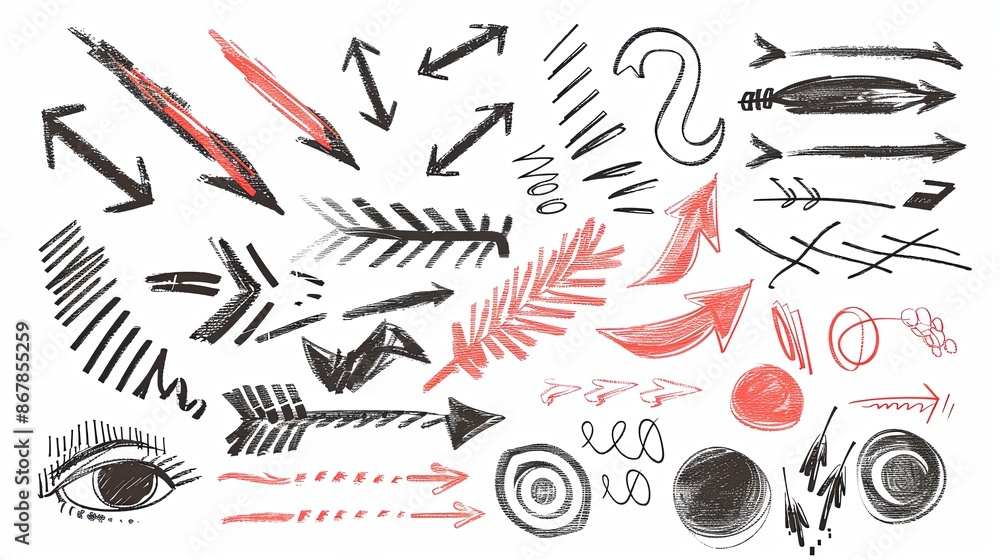 Aufkleber a set of hand-drawn arrows, symbols, and lines in black and red, perfect for design projects. genera