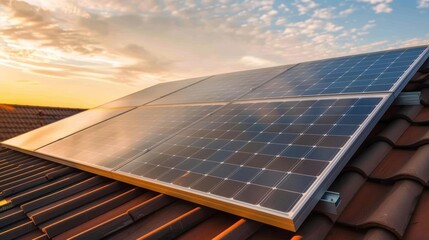 Solar panels on a rooftop at sunset, warm glow, renewable energy