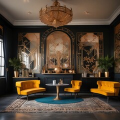 Living room design in modern style with bright accents