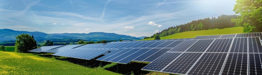 Solar panels in a picturesque countryside, green energy, sustainable landscape