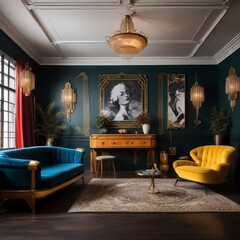 Living room design in modern style with bright accents