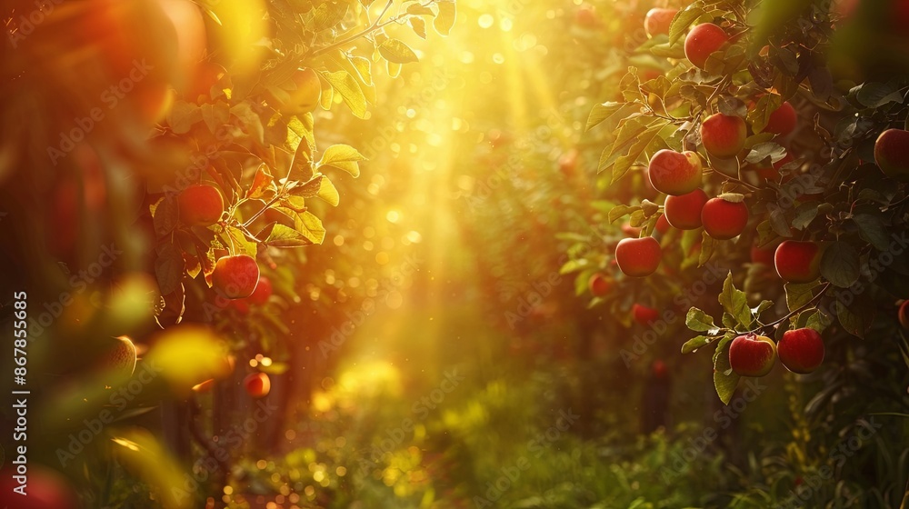 Poster a vibrant image of red apples hanging from trees in a lush orchard during a beautiful sunset. genera
