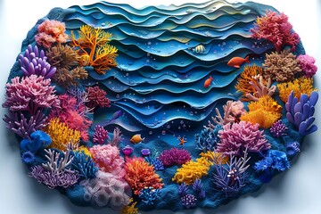 A vibrant underwater scene with colorful coral and fish in a circular frame.