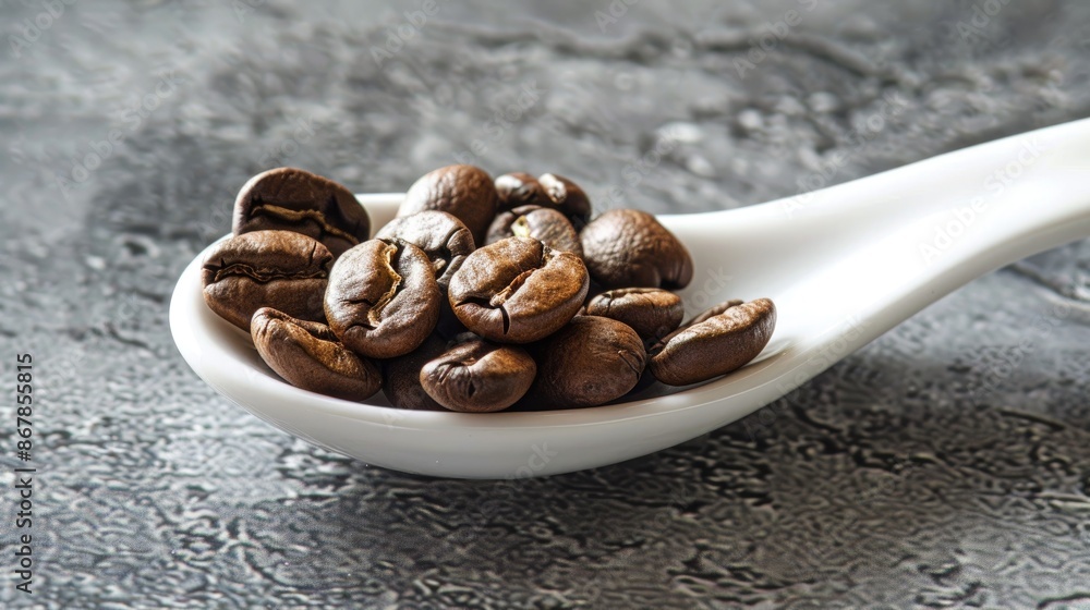 Canvas Prints Coffee beans on a white spoon against gray backdrop