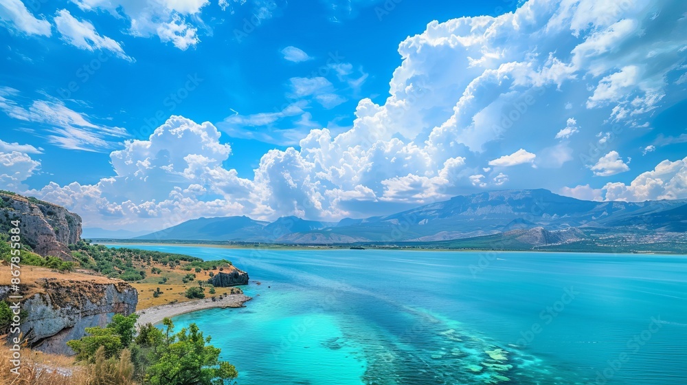 Wall mural A stunning seascape featuring vivid turquoise waters, rugged rocky cliffs, and a bright blue sky adorned with fluffy white clouds, showcasing nature's beauty.