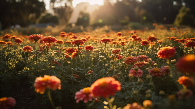 A field of orange zinnia flowers with the sun shining on them. The flowers are in full bloom and the sun is casting a warm glow on the scene