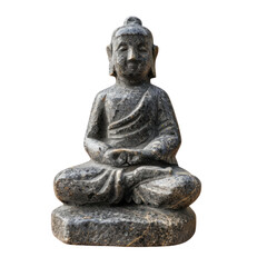 Stone Buddha statue in a meditative pose, isolated on a white background, symbolizing peace and spirituality.